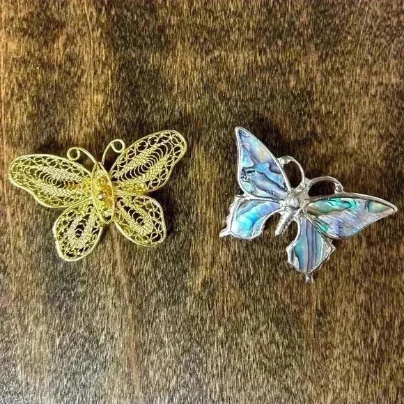Butterfly Brooches Delicate gold tone and Abalone silver tone - Picture 1 of 10